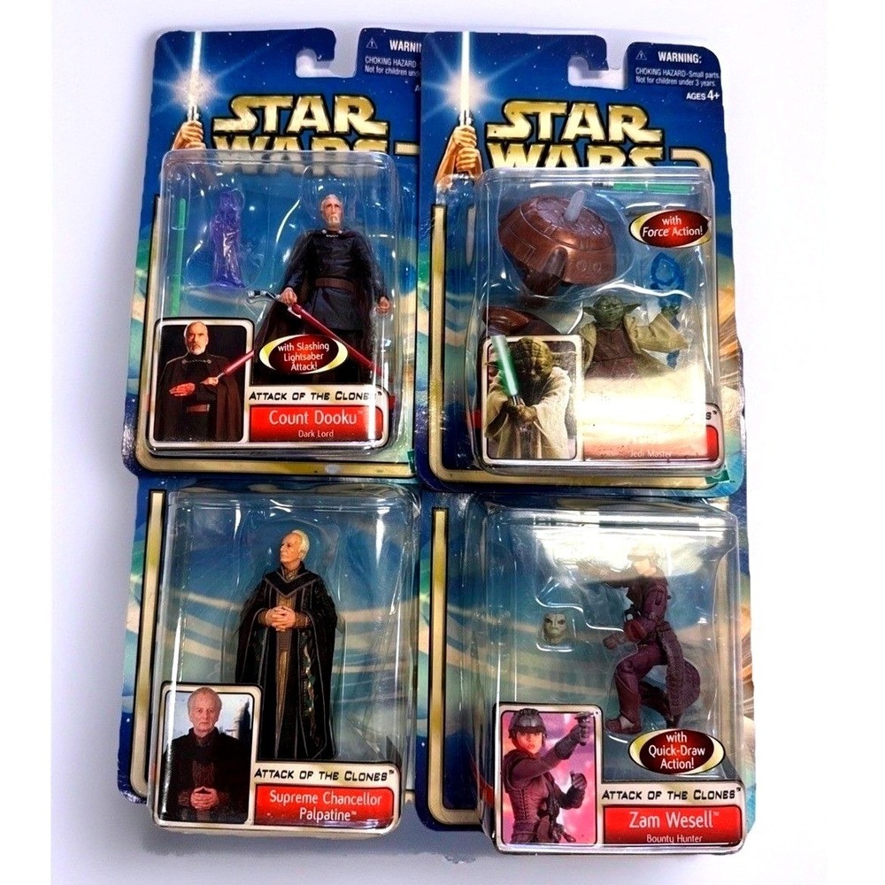 Lot of 4 Star Wars 2002 Action Figures Attack of the Clones Yoda Palpatine Vtg